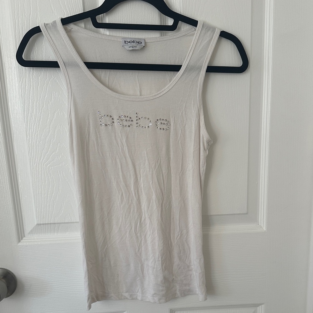 Bebe Ivory Tank Top with Rhinestone Logo